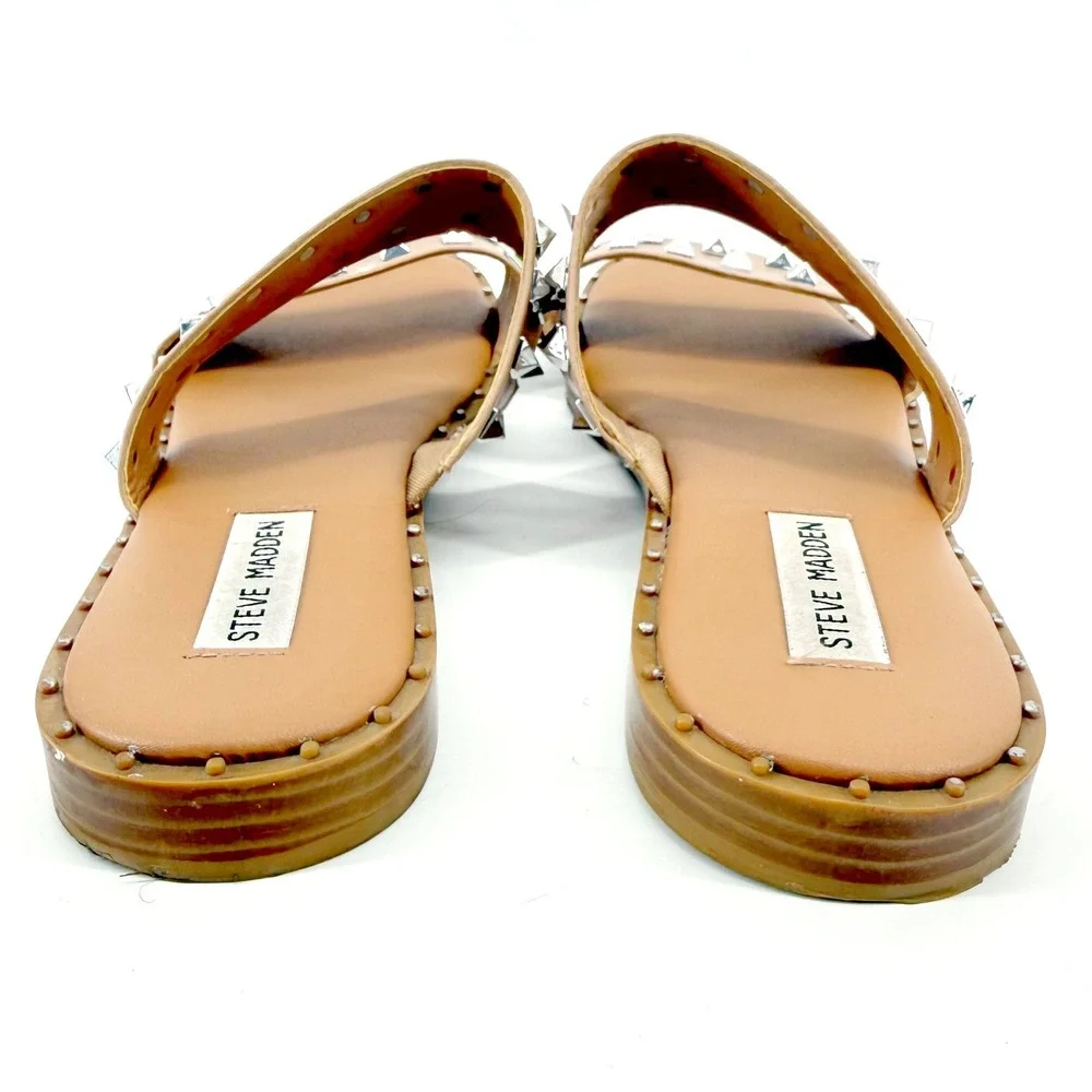 Steve Madden Studded Slide Sandals Womens 9 Tan Pyramid Stud Flat Edgy Retro